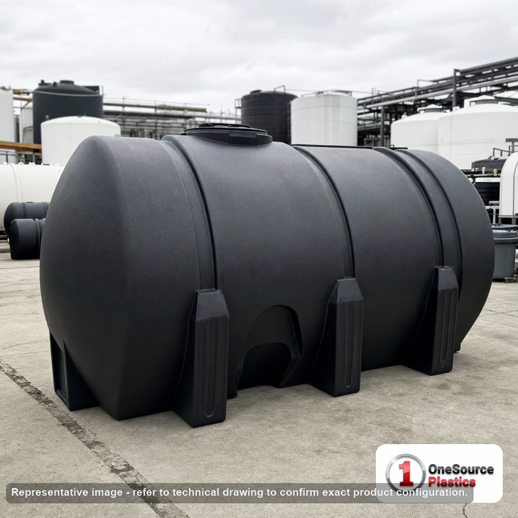 Norwesco 1335 Gallon Black Heavy Duty Elliptical Leg Tank. 1335 gallon capacity; Polyethylene; Black; dimensions 55.0in H x 66.0in W x 126.0in L; 414.0 lb empty; 1.9 specific gravity rating; fittings: 1 Outlet , 1 Manway / Lid; max temp 120 deg  F / 48 deg  C; 5 Year Warranty. Manufacturer part number 42929b. Manufactured by Norwesco. Sold by OneSource Plastics (https://www.onesourceplastics.com).
