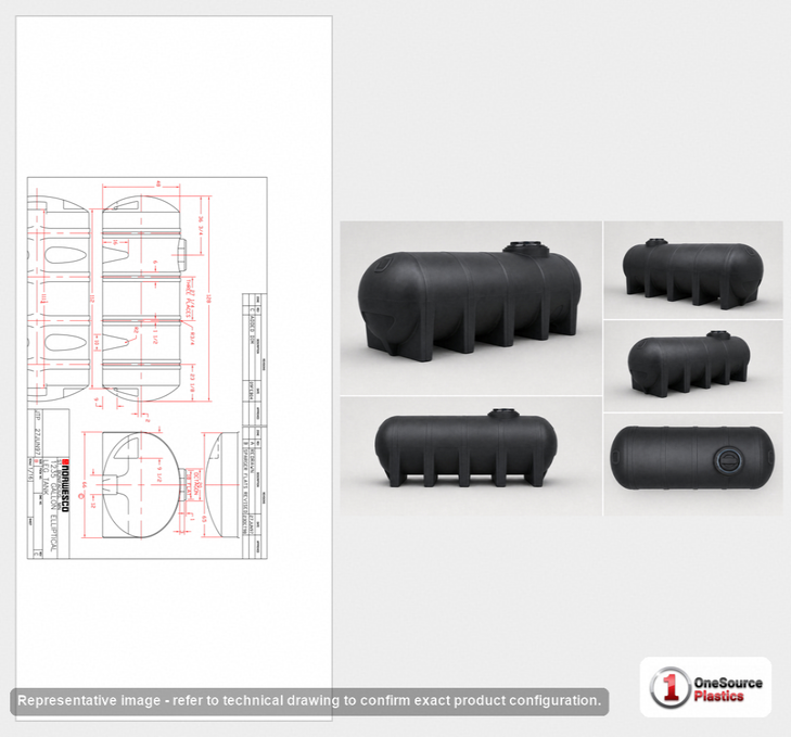 Dimensional spec drawing for Norwesco 1235 Gallon Elliptical Leg Tank (128" L x 66" W x 53" H)