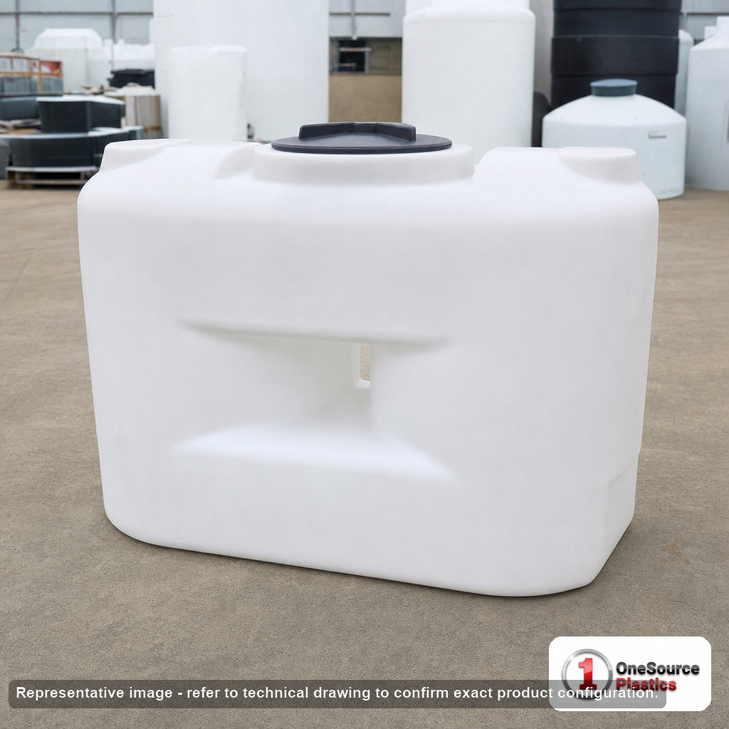 Norwesco 250 Gallon Doorway Water Tank. 250 gallon capacity; Polyethylene; Natural White; 44" H x 29" W x 62" L; fittings: 1