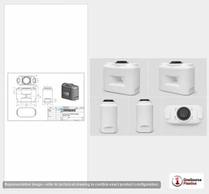 Dimensional spec drawing for Norwesco 250 Gallon Doorway Tank (62" L x 29" W x 44" H)