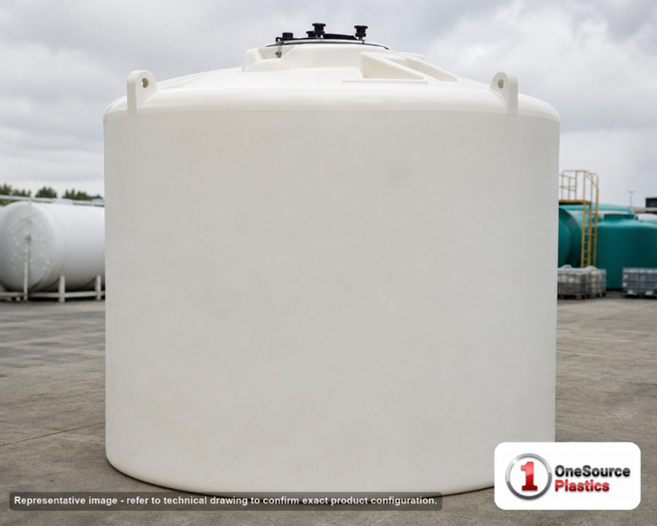 Enduraplas 10000 Gallon Plastic Vertical Liquid Storage Tank in White. Polyethylene; White; dimensions 178.0in H x 144.0in W x 144.0in L; 2800.0 lb empty; 1.9 specific gravity rating. Manufacturer part number EP-THV10000WH. Sold by OneSource Plastics (https://www.onesourceplastics.com).