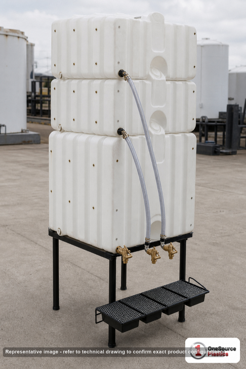 Snyder Industries 120/80/80 Gallon Cubetainer Gravity Feed System Tanks with Brass Inserts. Polyethylene; White; dimensions 91.5in H x 36.0in W x 36.0in L; 274.0 lb empty. Manufacturer part number SII-1035400N95401. Sold by OneSource Plastics (https://www.onesourceplastics.com).