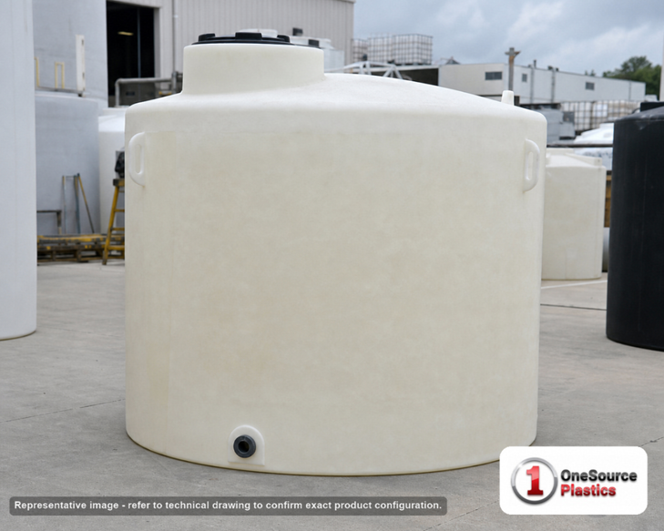 Chem-Tainer 2100 Gallon Plastic Vertical Liquid Storage Tank. 2100.0 gallon capacity; Polyethylene; dimensions 87.0in H x 87.0in W x 87.0in L; 1.5 specific gravity rating; fittings: 2". Manufacturer part number TC8787IC. Sold by OneSource Plastics (https://www.onesourceplastics.com).