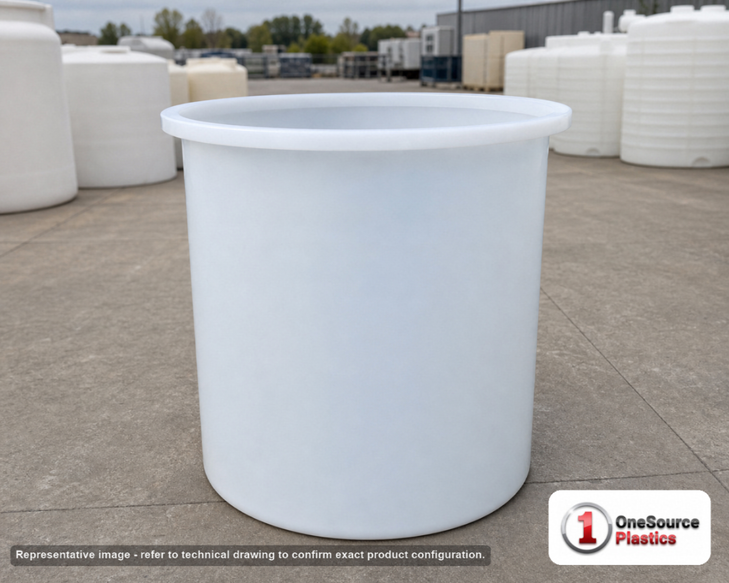 Chem-Tainer 275 Gallon PP Cylindrical Open Top Tank. 275 gallon capacity; Polypropylene; Natural White; 48" H x 42" W x 42"