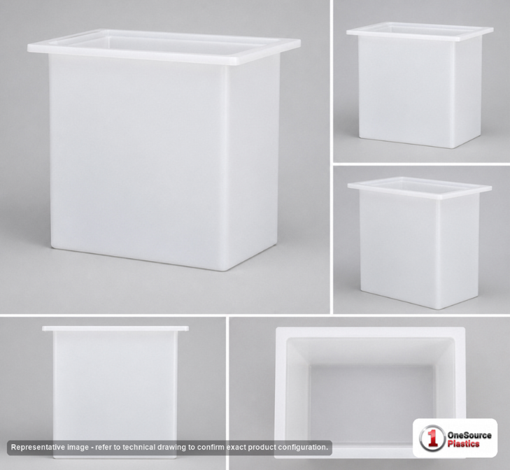 Dimensional spec drawing for Chem-Tainer 45 Gallon Rectangular Open Top Tank (26" L x 26" W x 19" H)