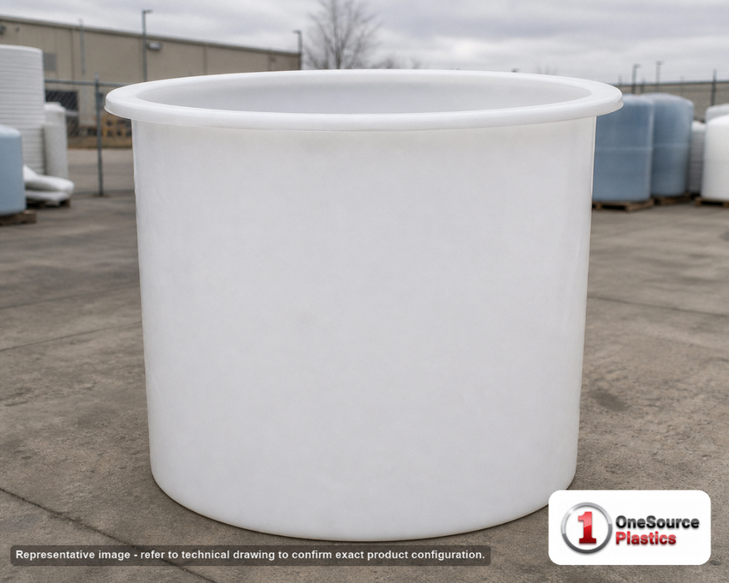 Chem-Tainer 500 Gallon PP Cylindrical Open Top Tank. 500 gallon capacity; Polypropylene; White; 63" H x 57" W x 57" L; max