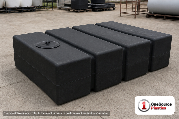 Bushman 500 Gallon Rectangle Water Storage Tank in Black. High Density Polyethylene; Black; 25" H x 63.5" W x 90" L.