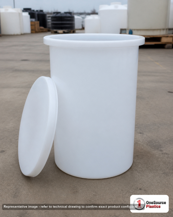 Chem-Tainer 55 Gallon Polypropylene Open Top Batch Storage Tank in White. 55 gallon capacity; Polypropylene; White; 36" H x
