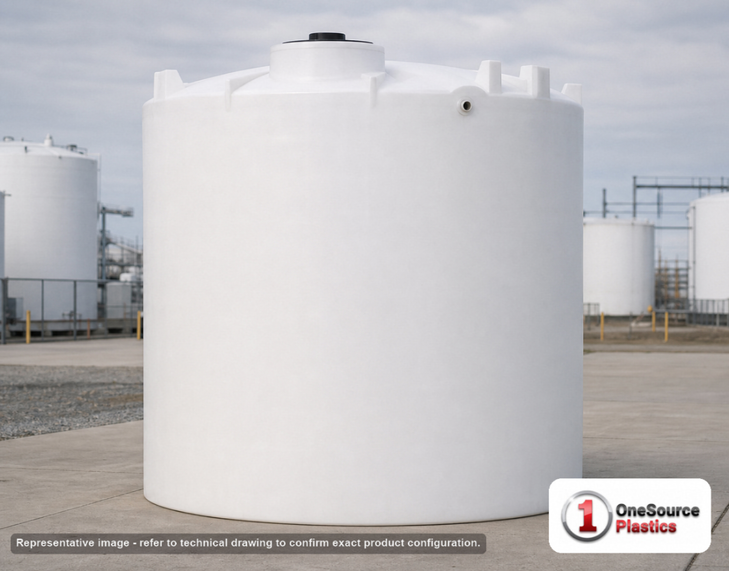 Snyder Industries 5500 Gallon ASTM XLPE Heavy Duty Vertical Storage Tank. 5500.0 gallon capacity; Cross Linked Polyethylene; White; dimensions 132.0in H x 120.0in W x 120.0in L; 750.0 lb empty; 1.9 specific gravity rating; fittings: 1 Manway / Lid; max temp 140 deg  F / 60 deg  C; 3 Year Warranty. Manufacturer part number 7000000N42. Sold by OneSource Plastics (https://www.onesourceplastics.com).