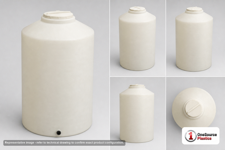 Dimensional spec drawing for Chem-Tainer 65 Gallon Vertical Tank (24" L x 24" W x 46" H)