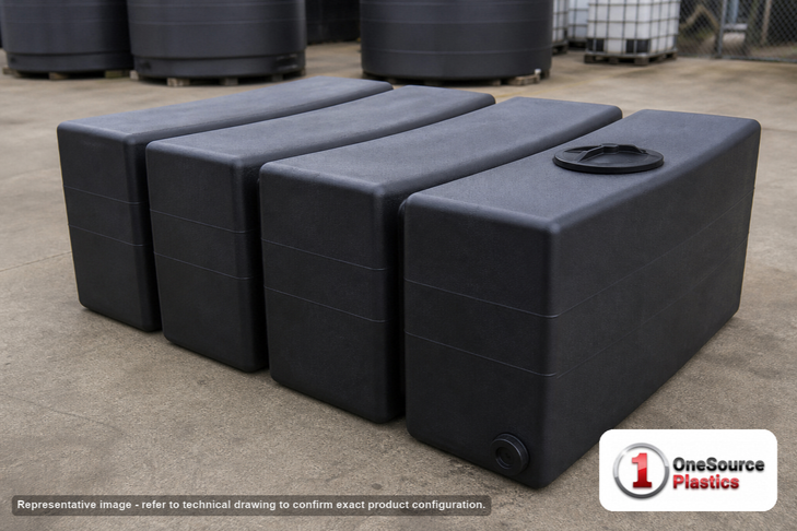 Bushman 700 Gallon Rectangle Water Storage Tank in Black. High Density Polyethylene; Black; dimensions 34.0in H x 63.5in W x 90.0in L; 260.0 lb empty; 1.5 specific gravity rating. Manufacturer part number BM-30814. Sold by OneSource Plastics (https://www.onesourceplastics.com).