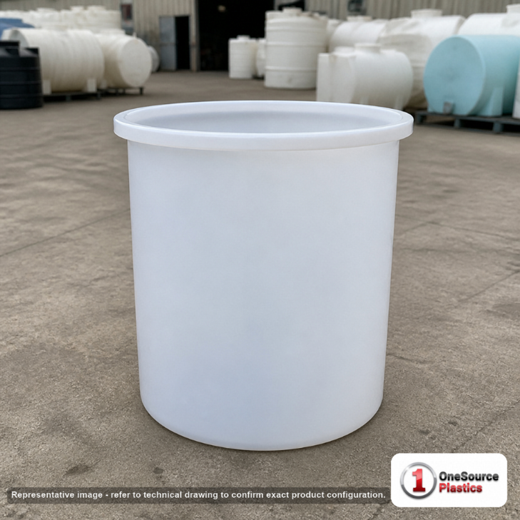 Chem-Tainer 8 Gallon Plastic Open Top Batch Storage Tank. 8.0 gallon capacity; Polyethylene; Natural White; dimensions 17.0in H x 15.0in W x 15.0in L; 7.0 lb empty; max temp 120 deg  F / 48 deg  C; 3 Year Warranty. Manufacturer part number TC1316AA. Sold by OneSource Plastics (https://www.onesourceplastics.com).