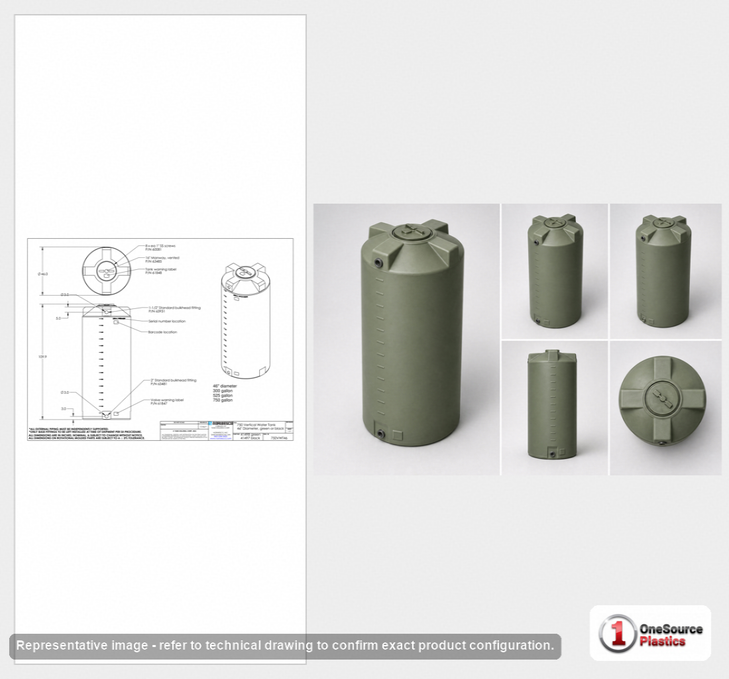Dimensional spec drawing for Norwesco 750 Gallon Vertical Water Tank (46" L x 46" W x 107" H)