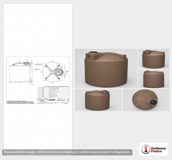 Dimensional spec drawing for Snyder 2500 Gallon Vertical Water Tank (96" L x 96" W x 90" H)