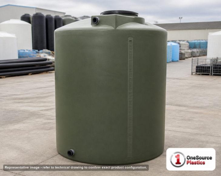 Norwesco 1000 Gallon Vertical Water Tank. Polyethylene; Green; dimensions 81.0in H x 64.0in W x 64.0in L; 200.0 lb empty; 1.0 specific gravity rating; fittings: 1 Inlet , 1 Outlet , 1 Manway / Lid; 3 Year Warranty. Manufacturer part number 41501. Sold by OneSource Plastics (https://www.onesourceplastics.com).