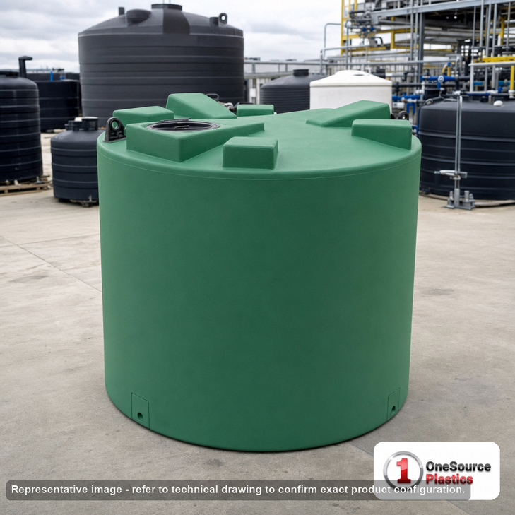 Norwesco 2500 Gallon Vertical Water Tank. 2500 gallon capacity; Polyethylene; Green; dimensions 96.0in H x 96.0in W x 96.0in L; 340.0 lb empty; 1.0 specific gravity rating; fittings: 1 Inlet , 1 Outlet , 1 Manway / Lid; 3 Year Warranty. Manufacturer part number 41525. Sold by OneSource Plastics (https://www.onesourceplastics.com).