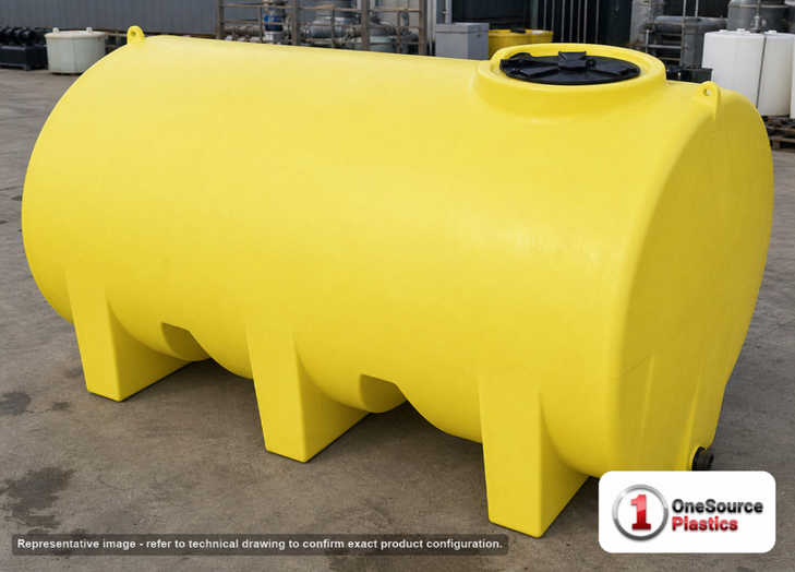 Enduraplas 1400 Gallon Yellow Horizontal Leg Tank. Polyethylene; Yellow; dimensions 66.0in H x 70.0in W x 102.0in L; 561.0 lb empty; 1.9 specific gravity rating; fittings: 1 Outlet , 1 Manway / Lid; 10 Year Warranty with Activation. Manufacturer part number THF01400Y. Sold by OneSource Plastics (https://www.onesourceplastics.com).