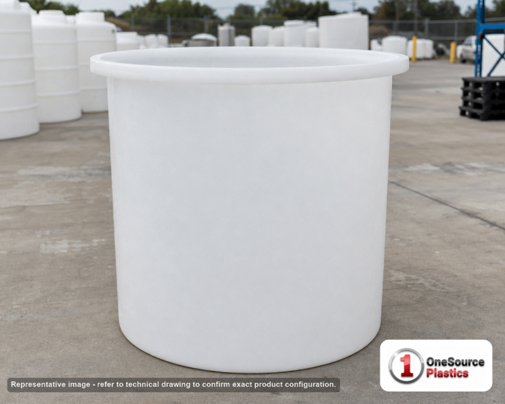 Chem-Tainer 500 Gallon PE Cylindrical Open Top Tank. 500 gallon capacity; Polyethylene; Natural White; 60" H x 52" W x 52"