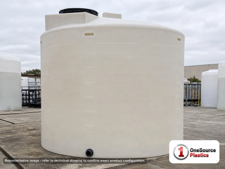Chem-Tainer 6400 Gallon Plastic Vertical Liquid Storage Tank. Polyethylene; Natural White; max temp 120 deg  F / 48 deg  C; 3 Year Warranty. Manufacturer part number TC6400IA. Sold by OneSource Plastics (https://www.onesourceplastics.com).