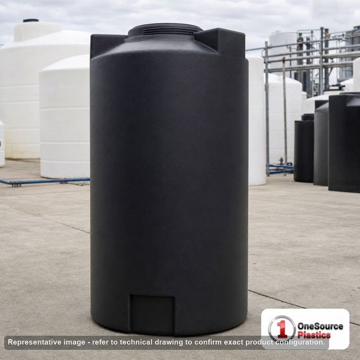 Norwesco 75 Gallon Black Vertical Storage Tank. 75 gallon capacity; Polyethylene; Black; dimensions 49.0in H x 23.0in W x 23.0in L; 28.0 lb empty; 1.5 specific gravity rating; fittings: 1 Outlet , 1 Manway / Lid; max temp 120 deg  F / 48 deg  C; 3 Year Warranty. Manufacturer part number 43785. Manufactured by Norwesco. Sold by OneSource Plastics (https://www.onesourceplastics.com).