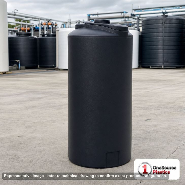 Norwesco 50 Gallon Black Vertical Storage Tank. 50 gallon capacity; Polyethylene; Black; 53" H x 18" W x 18" L; fittings: 1
