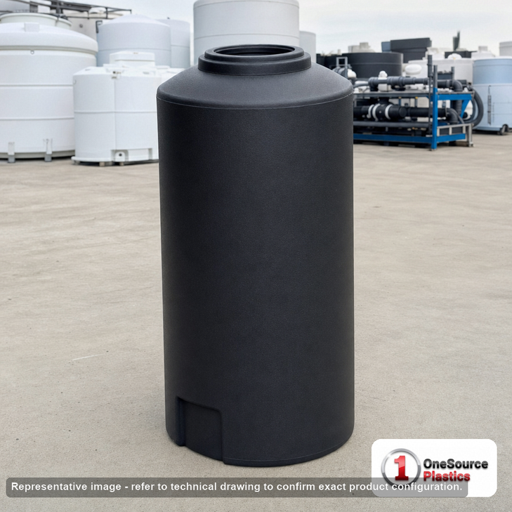 Norwesco 65 Gallon Black Vertical Storage Tank. 65 gallon capacity; Polyethylene; Black; 43" H x 23" W x 23" L; fittings: 1