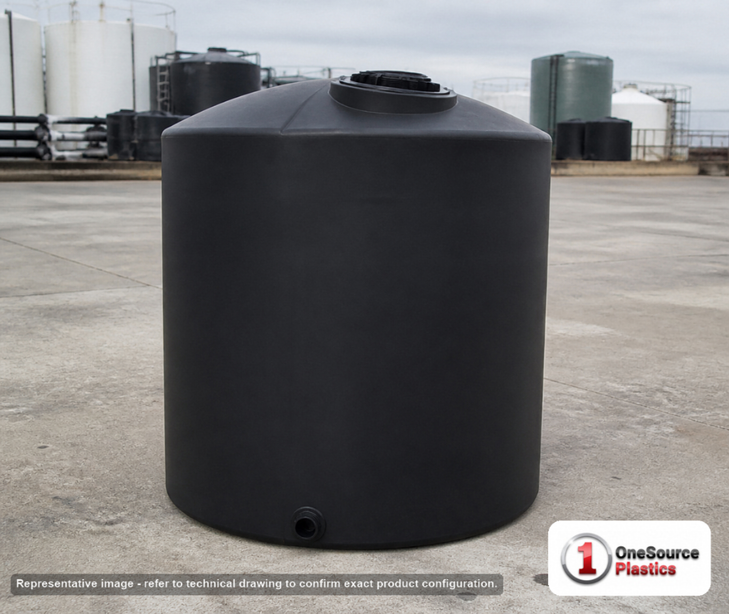 Norwesco 100 Gallon Black Vertical Storage Tank. Polyethylene; Black; 43" H x 28" W x 28" L; fittings: 1 Outlet, 1 Manway /