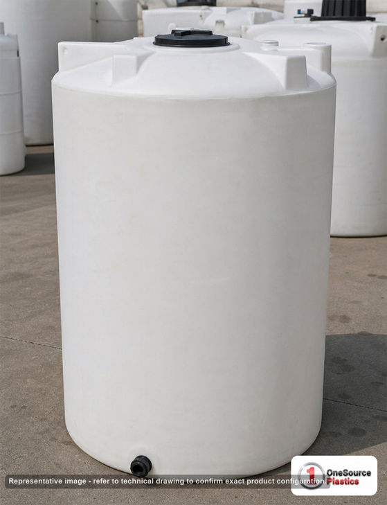 Snyder Industries 250 Gallon Heavy Duty Vertical Storage Tank. Polyethylene; Natural White; dimensions 64.0in H x 36.0in W x 36.0in L; 70.0 lb empty; 1.9 specific gravity rating; fittings: 1 Outlet , 1 Manway / Lid; max temp 120 deg  F / 48 deg  C; 3 Year Warranty. Manufacturer part number 1008100C26. Sold by OneSource Plastics (https://www.onesourceplastics.com).