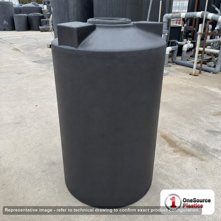 Norwesco 150 Gallon Black Vertical Storage Tank. 150 gallon capacity; Polyethylene; Black; dimensions 56.0in H x 30.0in W x 30.0in L; 48.0 lb empty; 1.5 specific gravity rating; fittings: 1 Outlet , 1 Manway / Lid; max temp 120 deg  F / 48 deg  C; 3 Year Warranty. Manufacturer part number 42113. Manufactured by Norwesco. Sold by OneSource Plastics (https://www.onesourceplastics.com).
