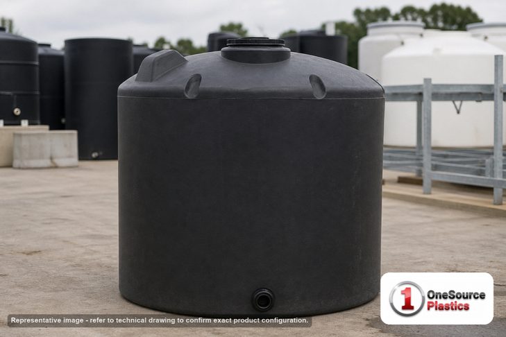 Norwesco 220 Gallon Black Vertical Storage Tank. 220 gallon capacity; Polyethylene; Black; 44" H x 42" W x 42" L; fittings: