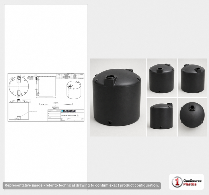 Dimensional spec drawing for Norwesco 220 Gallon Vertical Storage Tank (42" L x 42" W x 44" H)