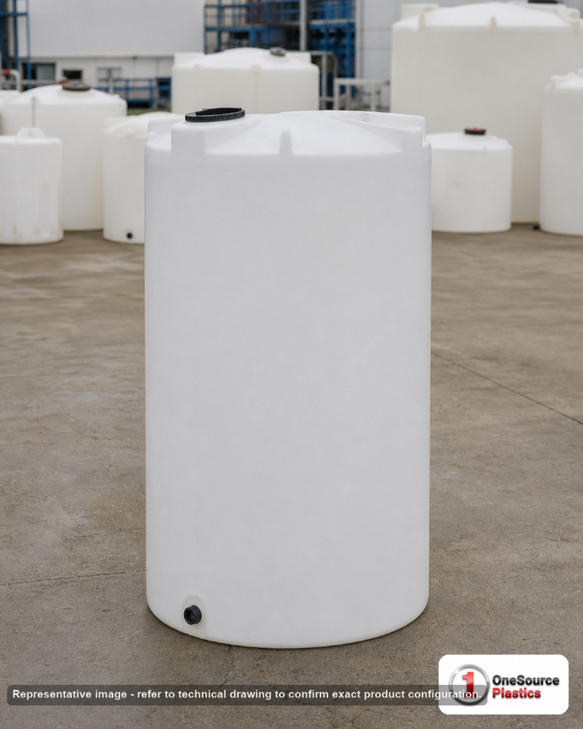 Snyder Industries 150 Gallon Heavy Duty Vertical Storage Tank. Polyethylene; Natural White; dimensions 59.0in H x 30.0in W x 30.0in L; 55.0 lb empty; 1.9 specific gravity rating; fittings: 1 Outlet , 1 Manway / Lid; max temp 120 deg  F / 48 deg  C; 3 Year Warranty. Manufacturer part number 1012800C26. Sold by OneSource Plastics (https://www.onesourceplastics.com).