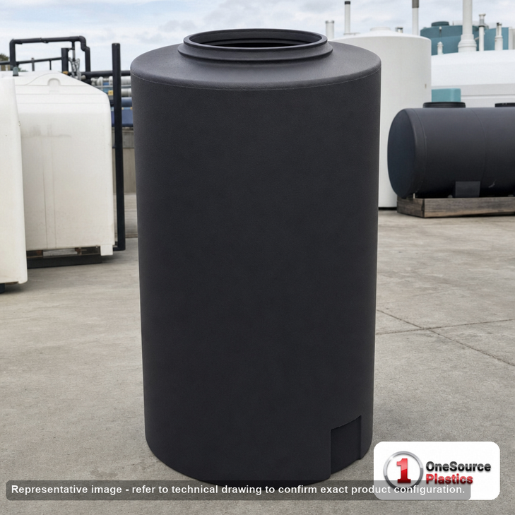 Norwesco 165 Gallon Black Vertical Storage Tank. 165 gallon capacity; Polyethylene; Black; 56" H x 31" W x 31" L; fittings: