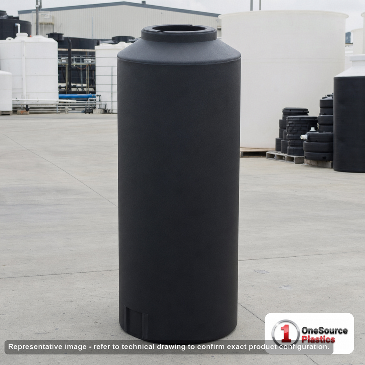 Norwesco 105 Gallon Black Vertical Storage Tank. 105 gallon capacity; Polyethylene; Black; 63" H x 23" W x 23" L; fittings: