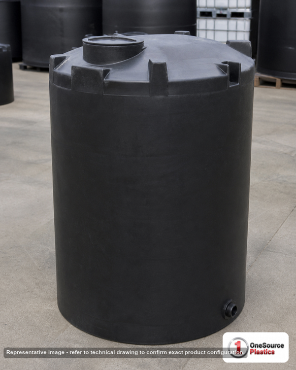 Snyder Industries 250 Gallon Black Heavy Duty Vertical Storage Tank. Polyethylene; Black; dimensions 64.0in H x 36.0in W x 36.0in L; 70.0 lb empty; 1.9 specific gravity rating; fittings: 1 Outlet , 1 Manway / Lid; max temp 120 deg  F / 48 deg  C; 3 Year Warranty. Manufacturer part number 1008100C34. Sold by OneSource Plastics (https://www.onesourceplastics.com).