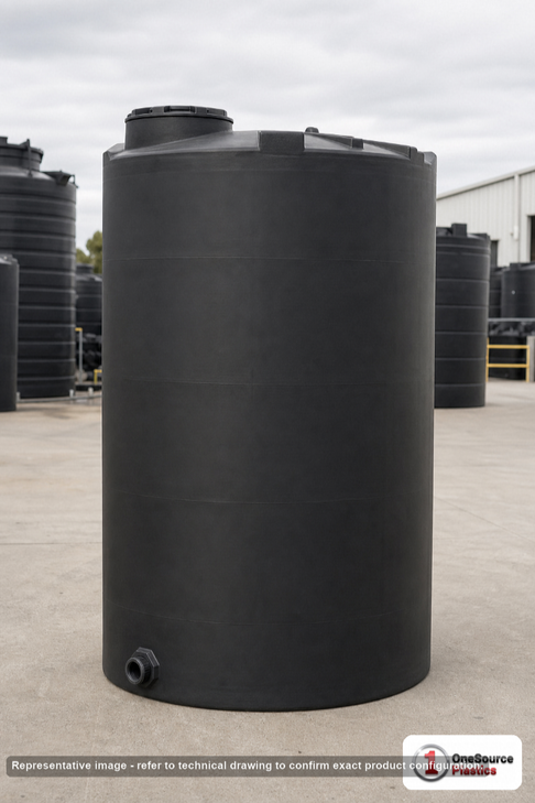 Snyder Industries 150 Gallon Black Heavy Duty Vertical Storage Tank. Polyethylene; Black; dimensions 59.0in H x 30.0in W x 30.0in L; 55.0 lb empty; 1.9 specific gravity rating; fittings: 1 Outlet , 1 Manway / Lid; max temp 120 deg  F / 48 deg  C; 3 Year Warranty. Manufacturer part number 1012800C34. Sold by OneSource Plastics (https://www.onesourceplastics.com).