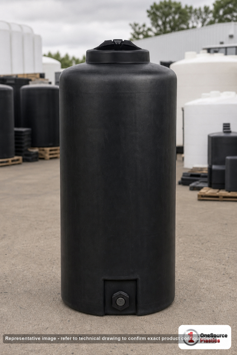 Norwesco 300 Gallon Black Vertical Storage Tank. 300 gallon capacity; Polyethylene; Black; dimensions 79.0in H x 35.0in W x 35.0in L; 79.0 lb empty; 1.5 specific gravity rating; fittings: 1 Outlet , 1 Manway / Lid; max temp 120 deg  F / 48 deg  C; 3 Year Warranty. Manufacturer part number 40600. Manufactured by Norwesco. Sold by OneSource Plastics (https://www.onesourceplastics.com).