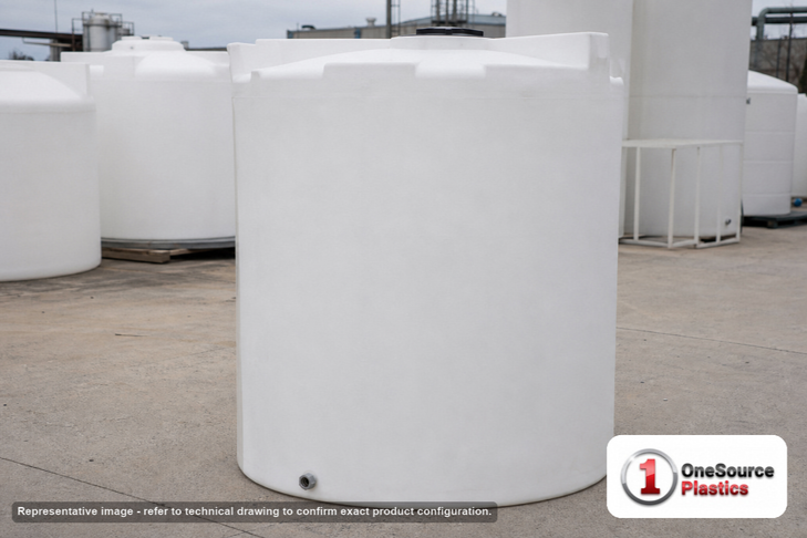 Snyder Industries 550 Gallon Heavy Duty Vertical Storage Tank. Polyethylene; Natural White; dimensions 75.0in H x 48.0in W x 48.0in L; 110.0 lb empty; 1.9 specific gravity rating; fittings: 1 Outlet , 1 Manway / Lid; max temp 120 deg  F / 48 deg  C; 3 Year Warranty. Manufacturer part number 1800400C26. Sold by OneSource Plastics (https://www.onesourceplastics.com).