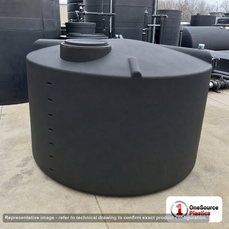 Norwesco 550 Gallon Black Vertical Storage Tank. 550 gallon capacity; Polyethylene; Black; dimensions 44.0in H x 67.0in W x 67.0in L; 104.0 lb empty; 1.5 specific gravity rating; fittings: 1 Outlet , 1 Manway / Lid; max temp 120 deg  F / 48 deg  C; 3 Year Warranty. Manufacturer part number 40337. Manufactured by Norwesco. Sold by OneSource Plastics (https://www.onesourceplastics.com).