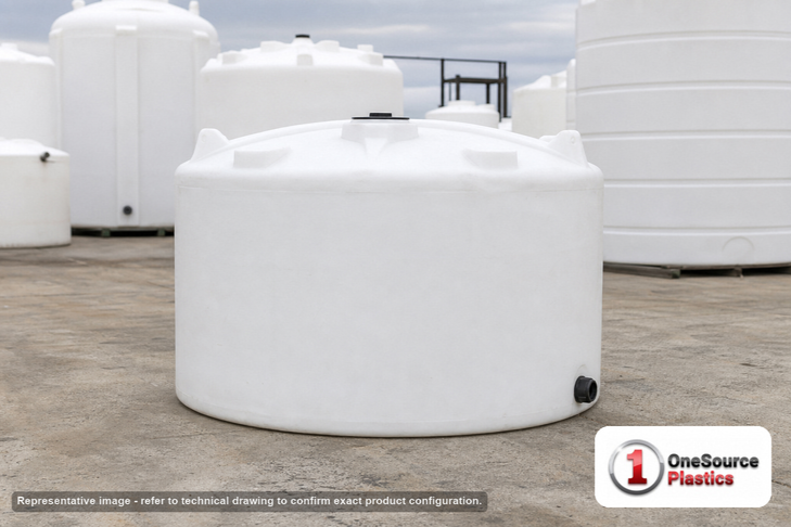 Snyder Industries 550 Gallon Heavy Duty Vertical Storage Tank. Polyethylene; Natural White; dimensions 46.0in H x 64.0in W x 64.0in L; 100.0 lb empty; 1.9 specific gravity rating; fittings: 1 Outlet , 1 Manway / Lid; max temp 120 deg  F / 48 deg  C; 3 Year Warranty. Manufacturer part number 8060000C26. Sold by OneSource Plastics (https://www.onesourceplastics.com).
