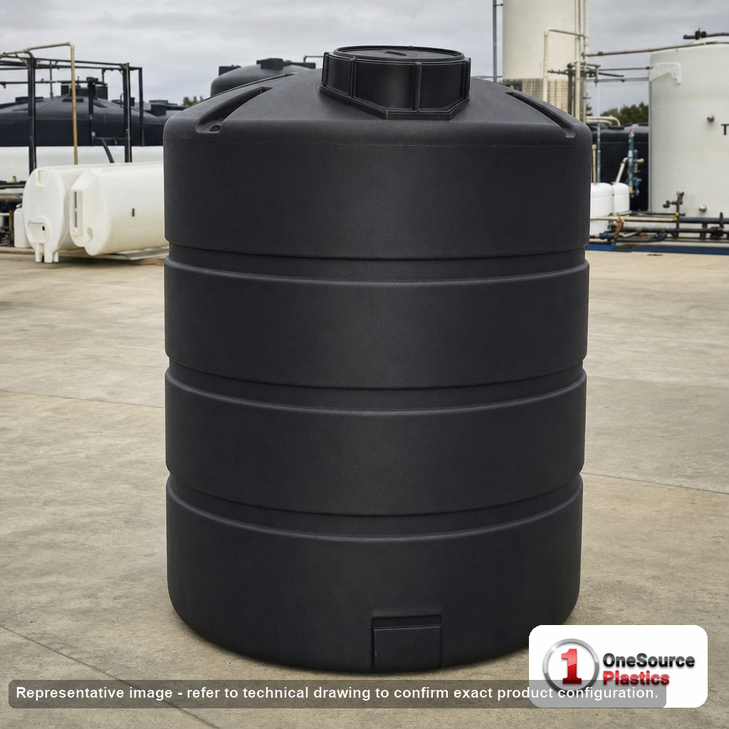Norwesco 500 Gallon Black Heavy Duty Vertical Storage Tank. 500 gallon capacity; Polyethylene; Black; dimensions 73.0in H x 48.0in W x 48.0in L; 119.0 lb empty; 1.9 specific gravity rating; fittings: 1 Outlet , 1 Manway / Lid; max temp 120 deg  F / 48 deg  C; 5 Year Warranty. Manufacturer part number 42116. Manufactured by Norwesco. Sold by OneSource Plastics (https://www.onesourceplastics.com).
