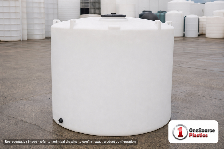Snyder Industries 330 Gallon Heavy Duty Vertical Storage Tank. Polyethylene; Natural White; dimensions 58.0in H x 44.0in W x 44.0in L; 80.0 lb empty; 1.9 specific gravity rating; fittings: 1 Outlet , 1 Manway / Lid; max temp 120 deg  F / 48 deg  C; 3 Year Warranty. Manufacturer part number 1011600C26. Sold by OneSource Plastics (https://www.onesourceplastics.com).