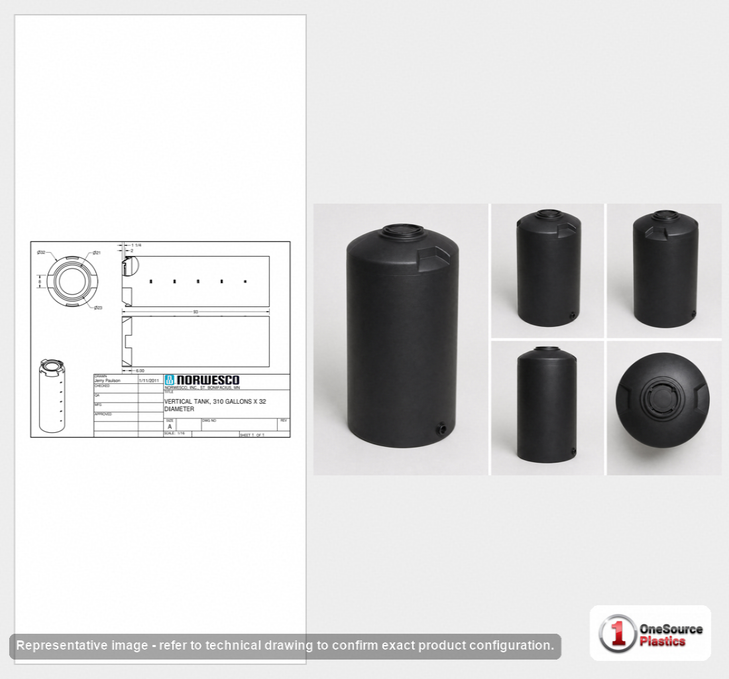 Dimensional spec drawing for Norwesco 310 Gallon Vertical Storage Tank (32" L x 32" W x 94" H)