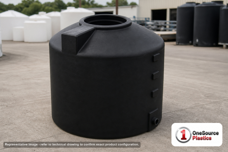 Norwesco 305 Gallon Black Vertical Storage Tank. 305 gallon capacity; Polyethylene; Black; dimensions 50.0in H x 46.0in W x 46.0in L; 64.0 lb empty; 1.5 specific gravity rating; fittings: 1 Outlet , 1 Manway / Lid; max temp 120 deg  F / 48 deg  C; 3 Year Warranty. Manufacturer part number 40398. Manufactured by Norwesco. Sold by OneSource Plastics (https://www.onesourceplastics.com).