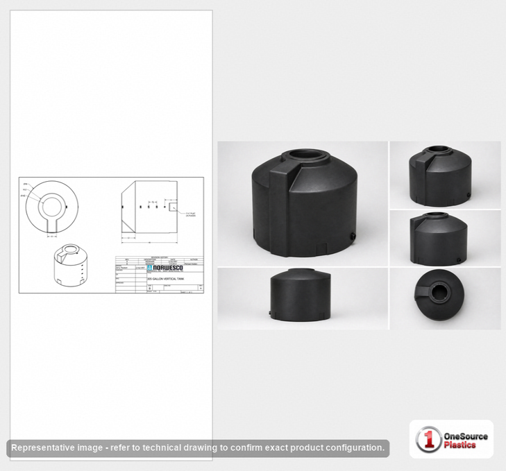 Dimensional spec drawing for Norwesco 305 Gallon Vertical Storage Tank (46" L x 46" W x 50" H)