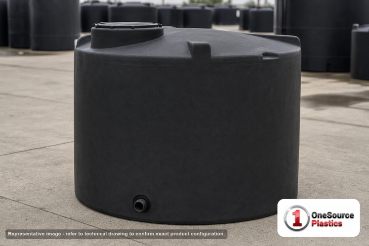 Snyder Industries 550 Gallon Black Heavy Duty Vertical Storage Tank. Polyethylene; Black; dimensions 46.0in H x 64.0in W x 64.0in L; 100.0 lb empty; 1.9 specific gravity rating; fittings: 1 Outlet , 1 Manway / Lid; max temp 120 deg  F / 48 deg  C; 3 Year Warranty. Manufacturer part number 8060000C34. Sold by OneSource Plastics (https://www.onesourceplastics.com).