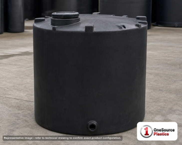 Snyder Industries 330 Gallon Black Heavy Duty Vertical Storage Tank. Polyethylene; Black; dimensions 58.0in H x 44.0in W x 44.0in L; 80.0 lb empty; 1.9 specific gravity rating; fittings: 1 Outlet , 1 Manway / Lid; max temp 120 deg  F / 48 deg  C; 3 Year Warranty. Manufacturer part number 1011600C34. Sold by OneSource Plastics (https://www.onesourceplastics.com).