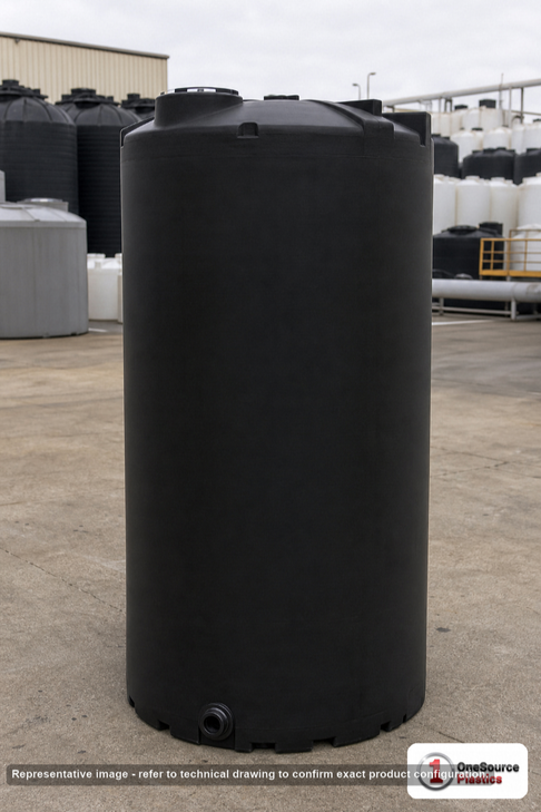 Snyder Industries 300 Gallon Black Heavy Duty Vertical Storage Tank. Polyethylene; Black; dimensions 80.0in H x 35.0in W x 35.0in L; 100.0 lb empty; 1.9 specific gravity rating; fittings: 1 Outlet , 1 Manway / Lid; max temp 120 deg  F / 48 deg  C; 3 Year Warranty. Manufacturer part number 1630000C34. Sold by OneSource Plastics (https://www.onesourceplastics.com).