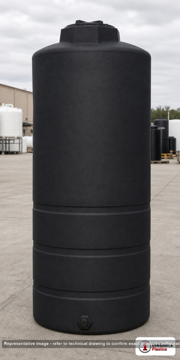 Norwesco 950 Gallon Black Vertical Storage Tank. 1050 gallon capacity; Polyethylene; Black; dimensions 134.0in H x 48.0in W x 48.0in L; 219.0 lb empty; 1.5 specific gravity rating; fittings: 1 Outlet , 1 Manway / Lid; max temp 120 deg  F / 48 deg  C; 3 Year Warranty. Manufacturer part number 44818b. Manufactured by Norwesco. Sold by OneSource Plastics (https://www.onesourceplastics.com).