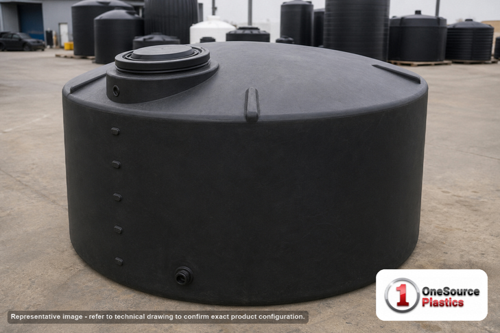 Norwesco 1100 Gallon Black Heavy Duty Vertical Storage Tank. 1100 gallon capacity; Polyethylene; Black; dimensions 53.0in H x 87.0in W x 87.0in L; 209.0 lb empty; 1.9 specific gravity rating; fittings: 1 Outlet , 1 Manway / Lid; max temp 120 deg  F / 48 deg  C; 5 Year Warranty. Manufacturer part number 42330. Manufactured by Norwesco. Sold by OneSource Plastics (https://www.onesourceplastics.com).